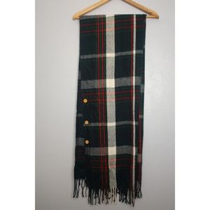 Green Blue Plaid Button Scarf Wrap Cowl Tassel